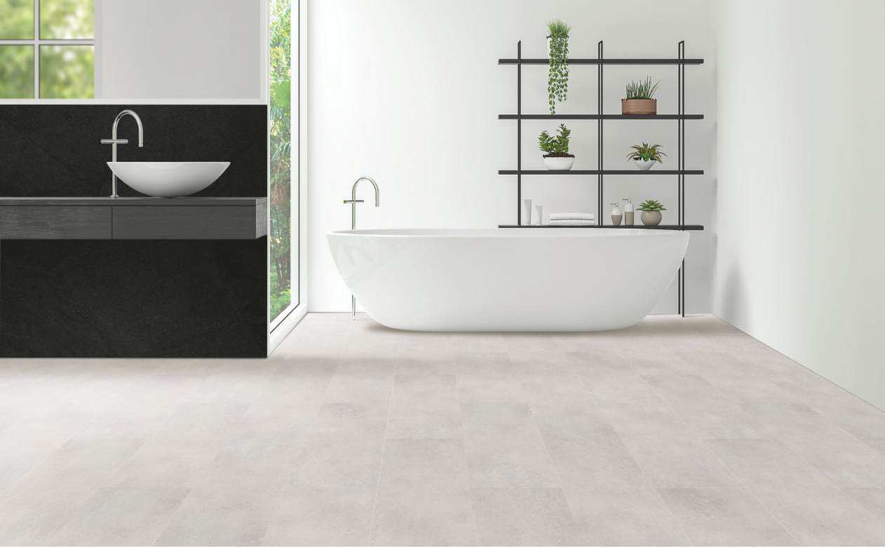 Gray tile flooring in a modern bathroom