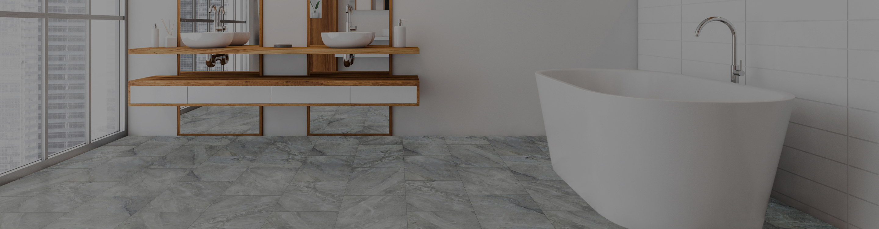 Modern bathroom with floating vanity, tub, and gray tile flooring